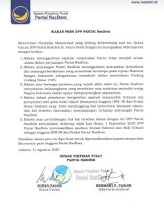 Siaran Pers DPP Partai NasDem 2025: Analisis Hukum, Politik, Komunikasi Publik, dan Semiotika Hukum