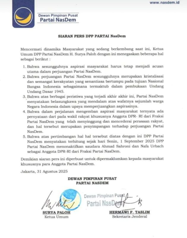 Siaran Pers DPP Partai NasDem 2025: Analisis Hukum, Politik, Komunikasi Publik, dan Semiotika Hukum